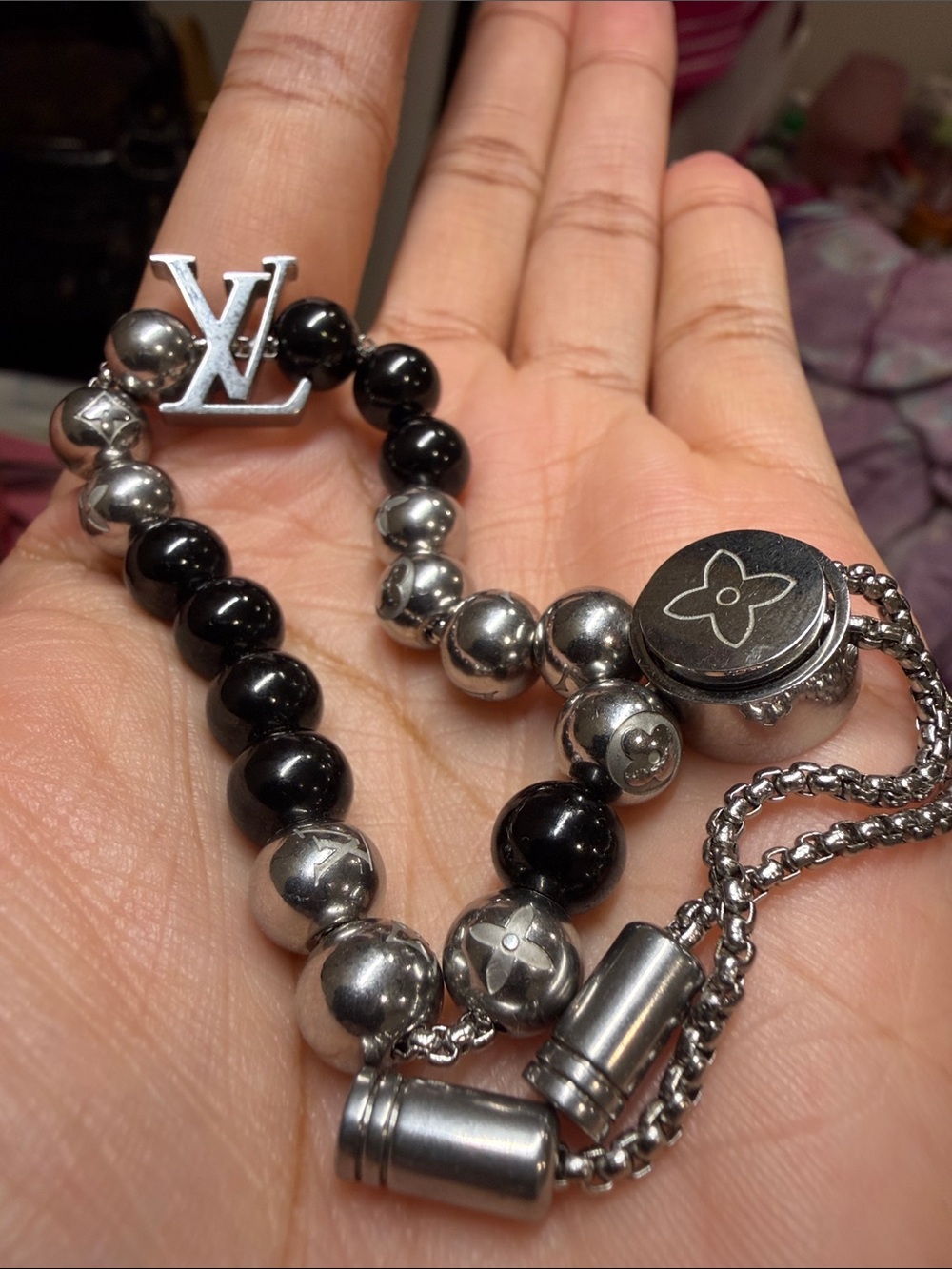 Louis Vuitton Stainless Steel Beaded Bracelet in Black/Silver (Unisex)